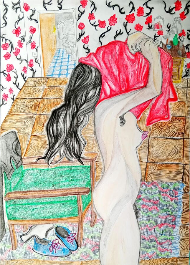 dulzuras y catástrofes — el suéter rojo, 2015. 42 x 29,5 cm.